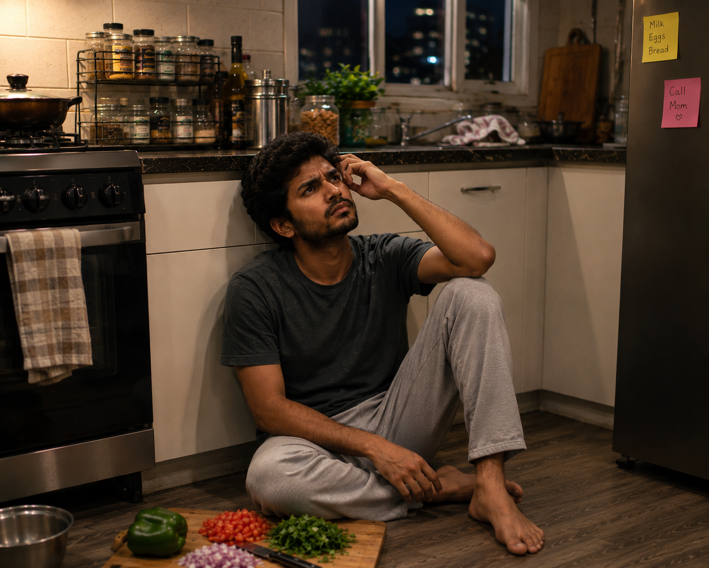 A tired person sitting in the kitchen, overwhelmed by the thought of making dinner