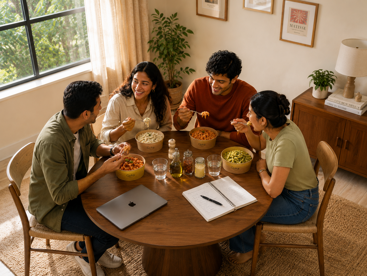 Four friends tasting different Qoka pasta bowls and taking notes around a dining table