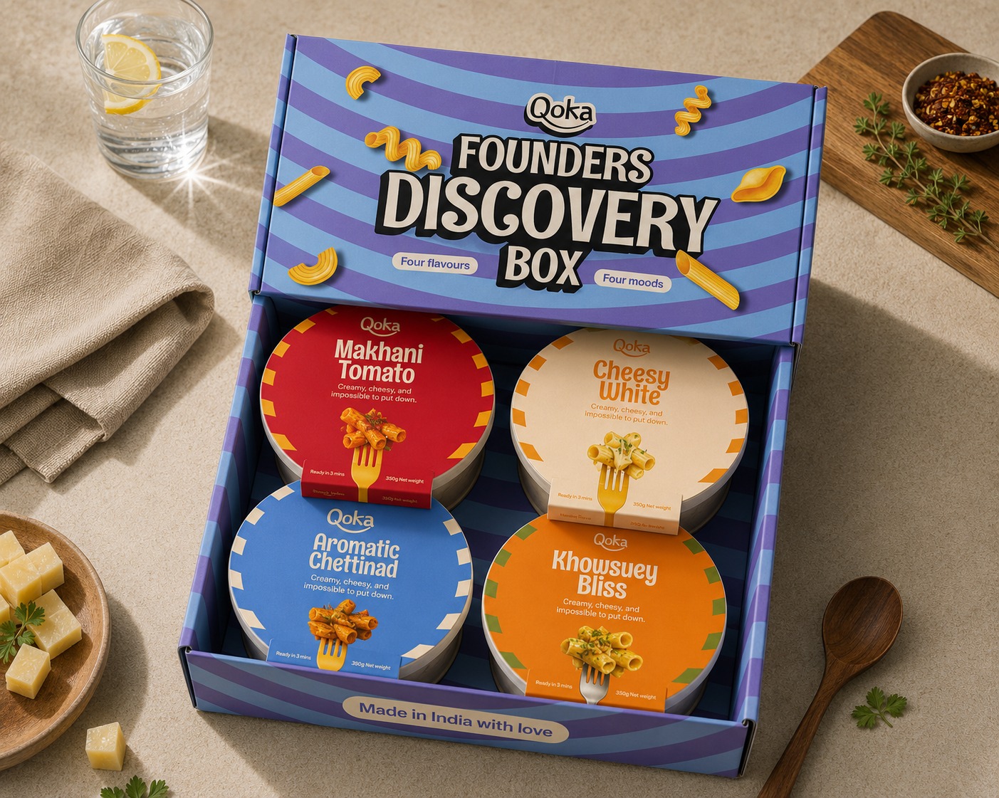 An open Qoka Founders Discovery Box containing four colourful pasta bowls