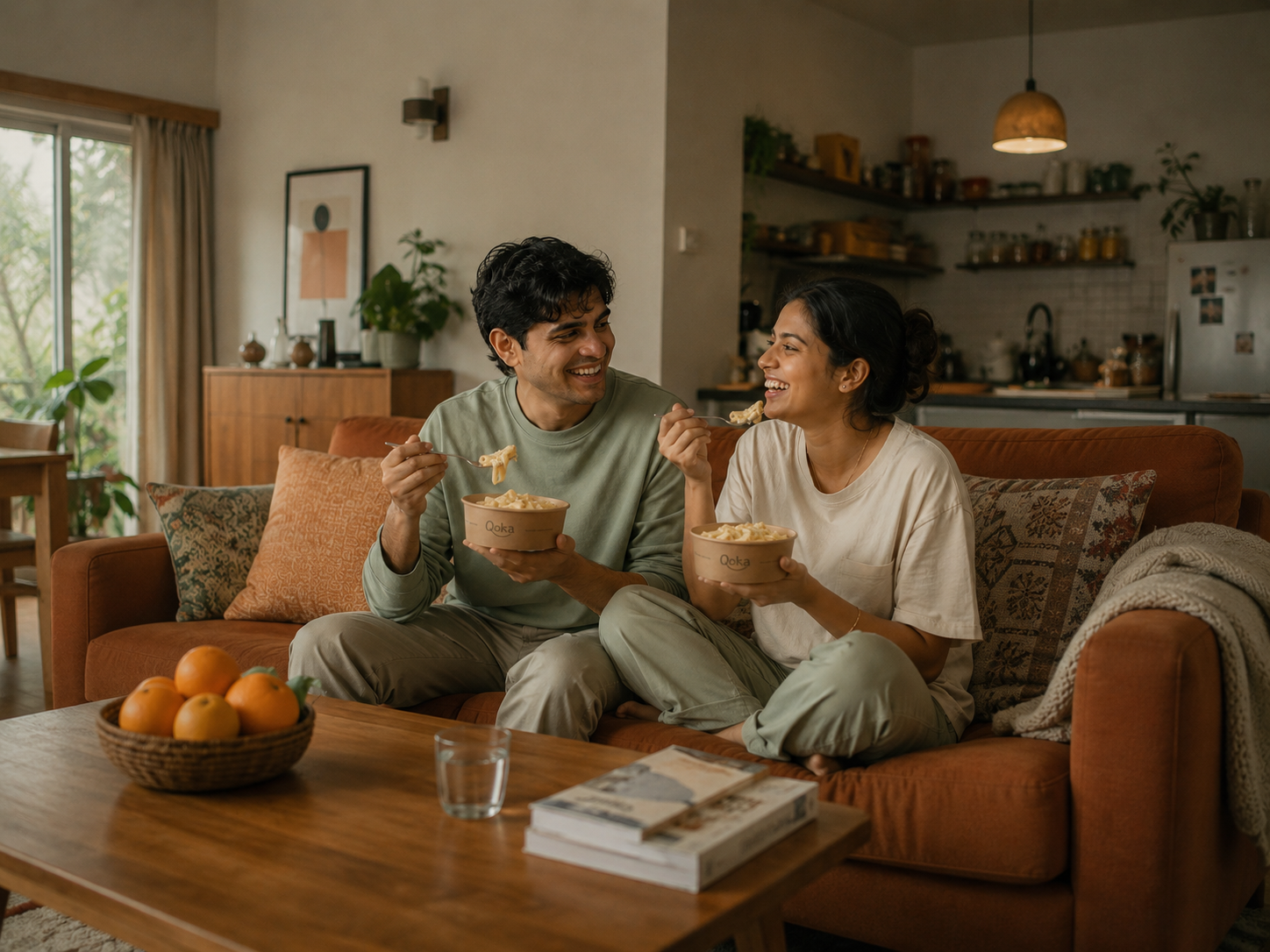 Two people sharing bowls of Qoka pasta in a warm living room